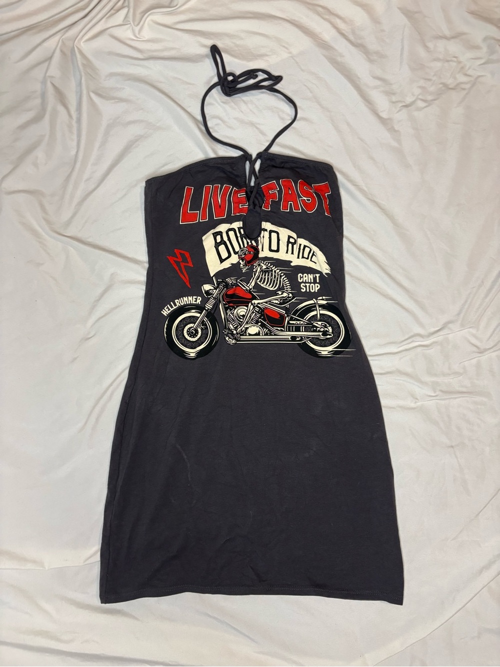 Windsor Black Halter Mini Dress with Red Motorcycle Graphic